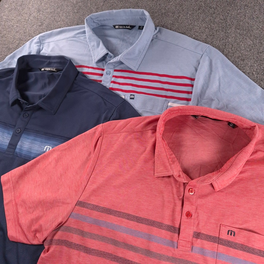 Lot of 3 TravisMathew Mens XXL Polo Shirts Blue Red Navy Striped Pima Cotton